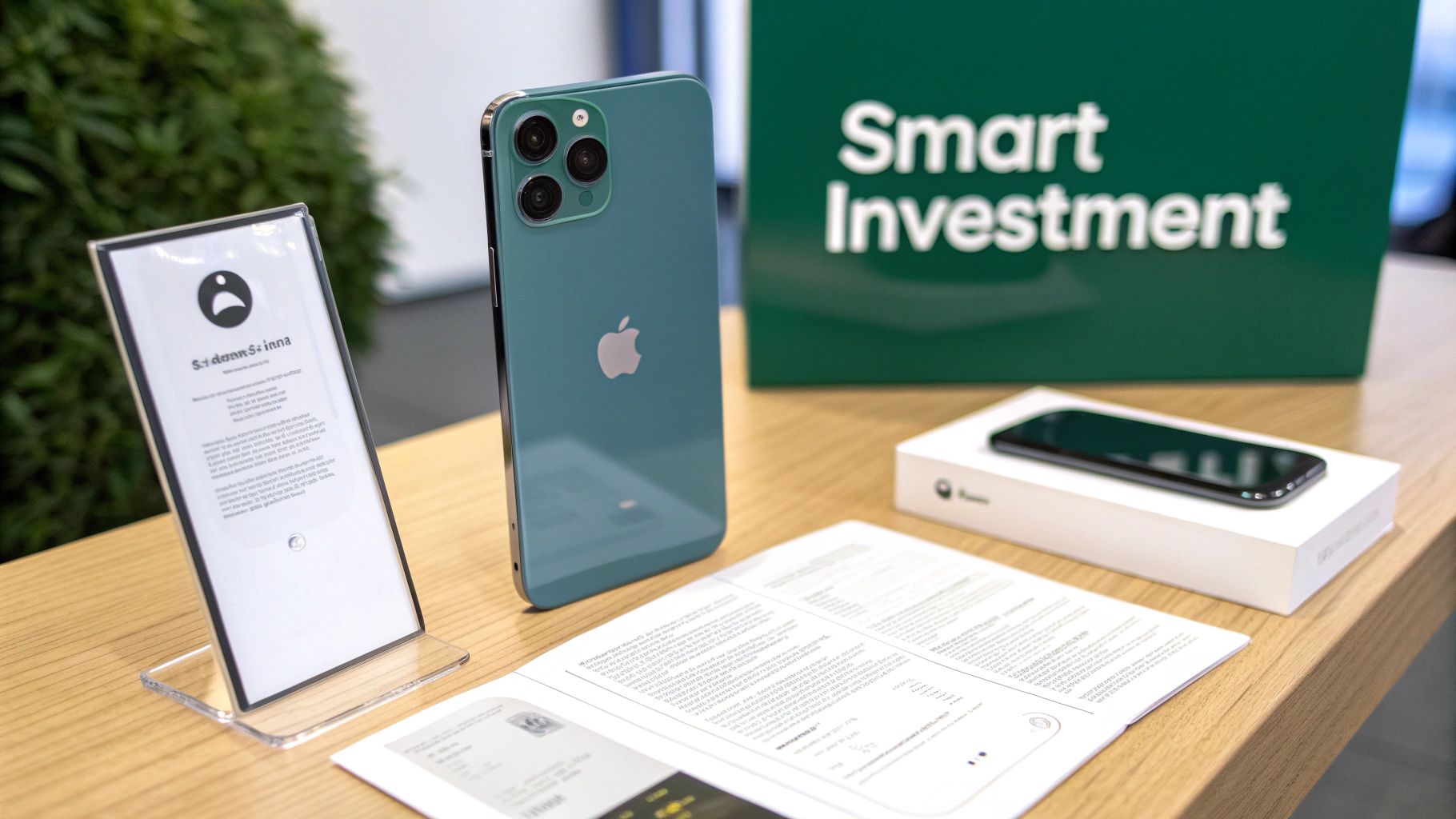A retail display featuring a green iPhone 11 Pro, an iPhone box, and marketing materials.