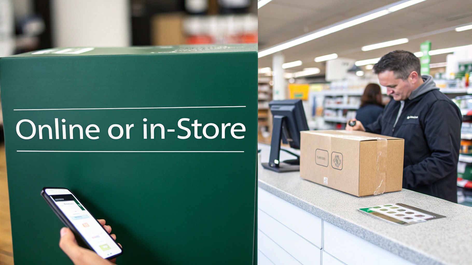 A split image showing a smartphone for online shopping and a man scanning a package in-store.
