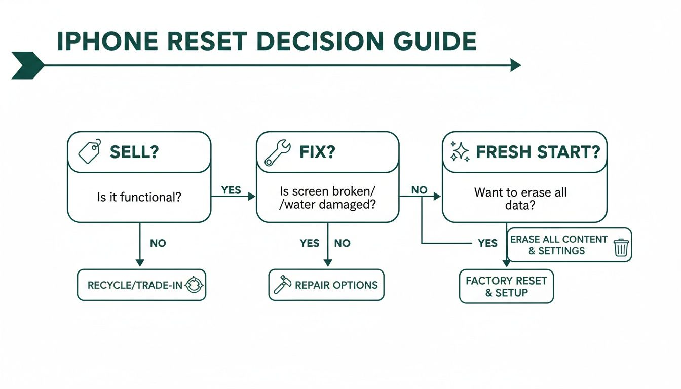 Flowchart guiding iPhone users through reset decisions for selling, fixing, or a fresh start.