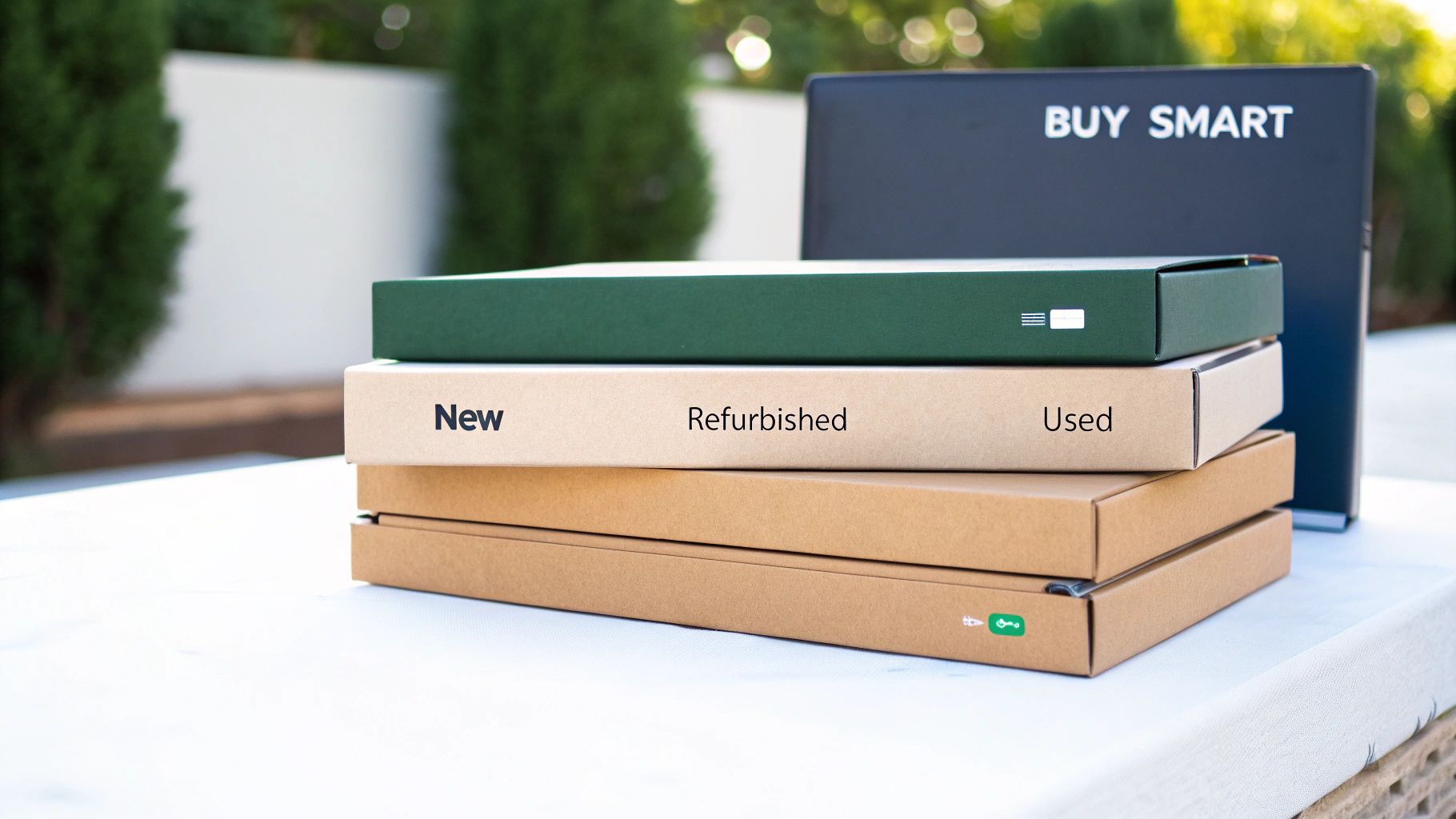 Stack of boxes labeled 'New', 'Refurbished', 'Used' with a 'BUY SMART' sign.