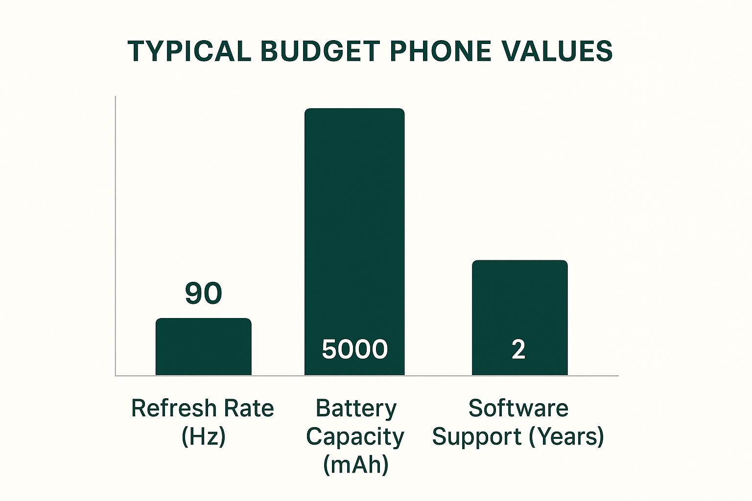 Infographic showing typical values for key budget phone specs like 90Hz refresh rate, 5000mAh battery, and 2 years of software support.