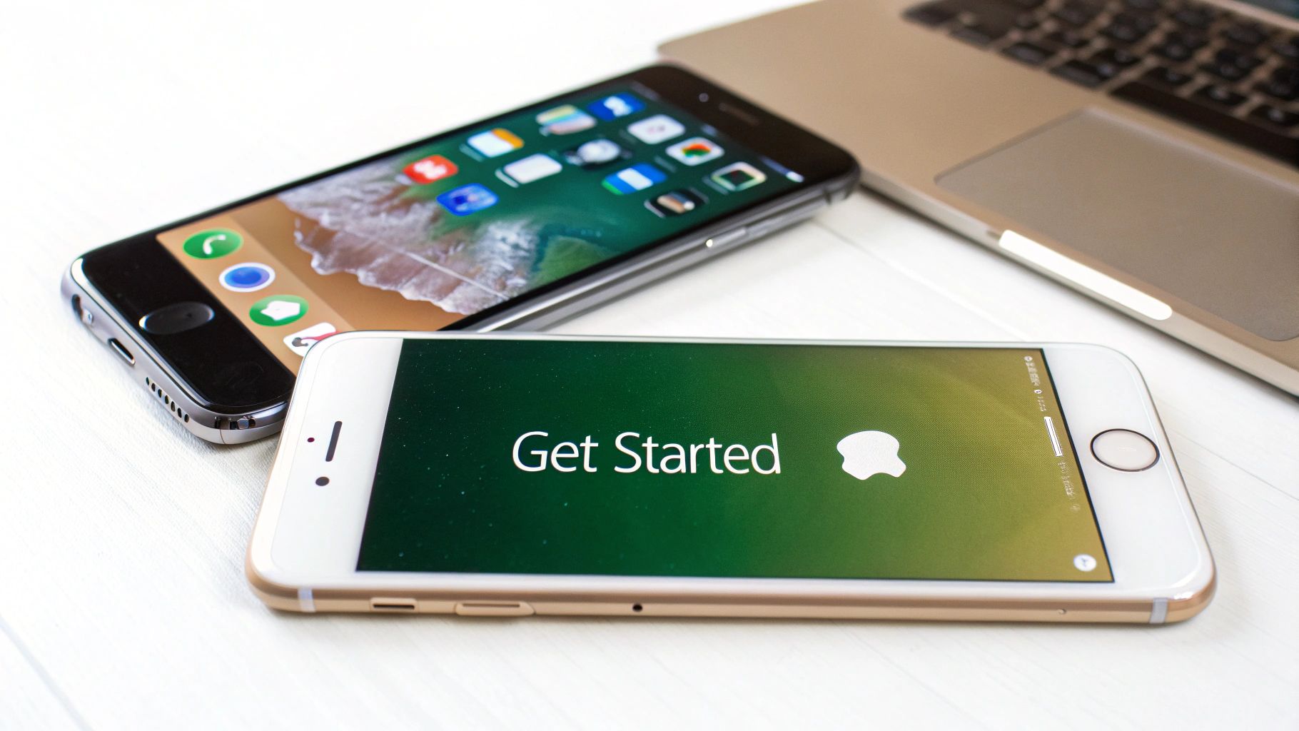 A close-up shot of an iPhone 13 being set up, showing the 'Hello' screen.