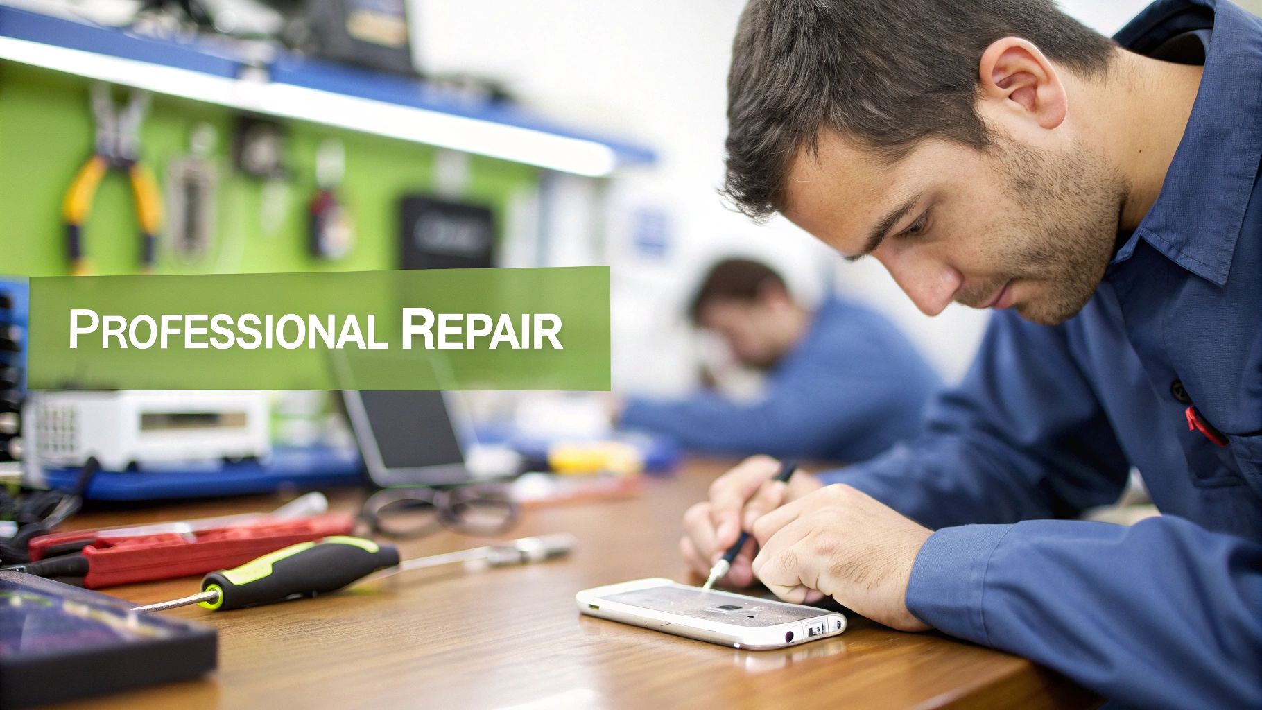 Professional technician carefully repairing smartphone device at workbench with specialized tools