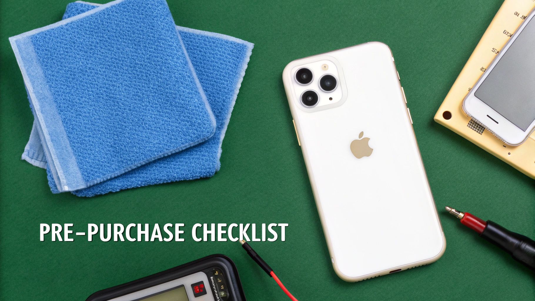 Pre-purchase checklist for refurbished iPhone with cleaning cloth, screwdriver and testing equipment on green surface