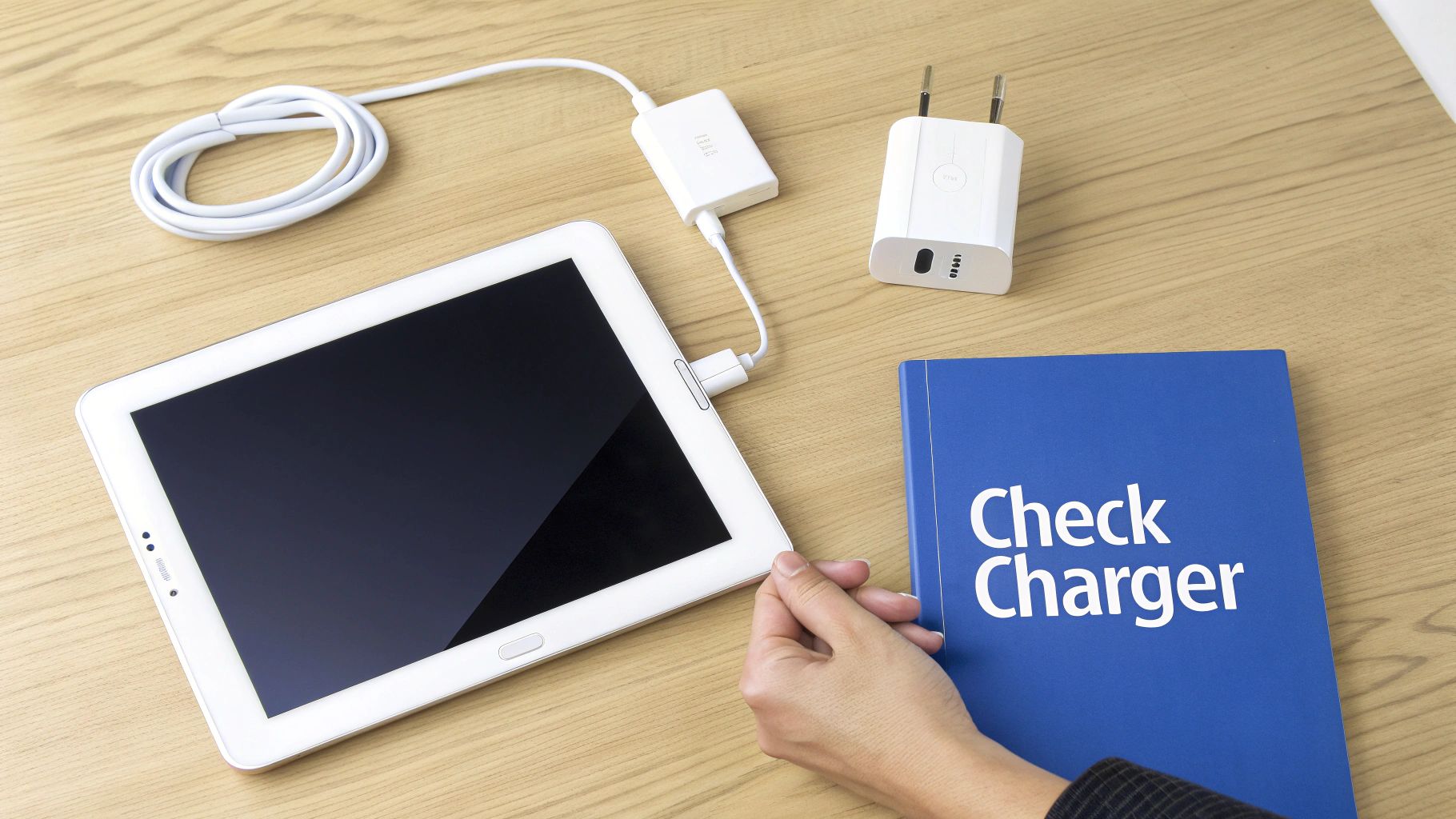 A white Samsung Galaxy tablet connected to a charger on a wooden table, with a 'Check Charger' book.