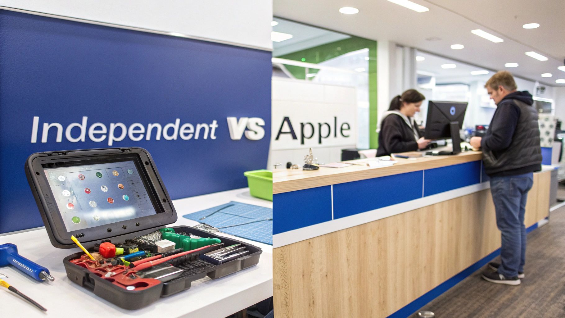 Tools and a tablet for independent repair are shown next to an Apple store service counter with a customer.