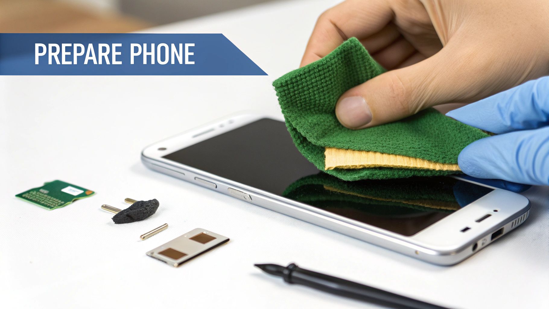 A person in blue gloves wipes a white smartphone screen with a green cloth, preparing it for repair.