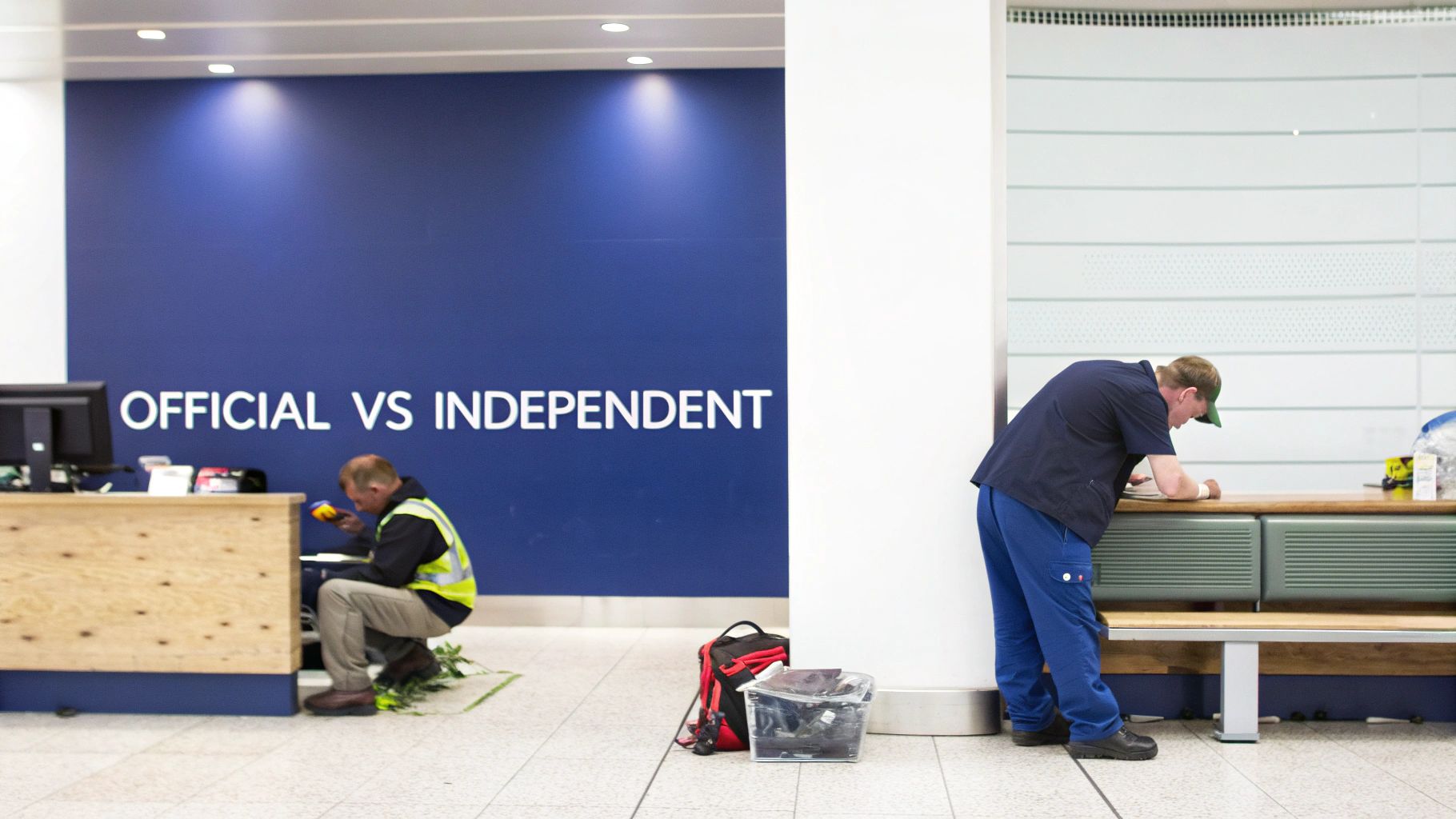 A technician at a workbench, carefully examining a Samsung phone screen before replacement.