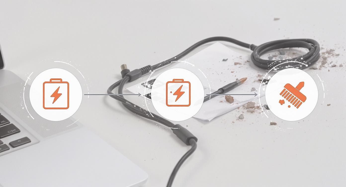 A visual workflow showing a laptop with charging icons and a broom sweeping debris on a white desk.