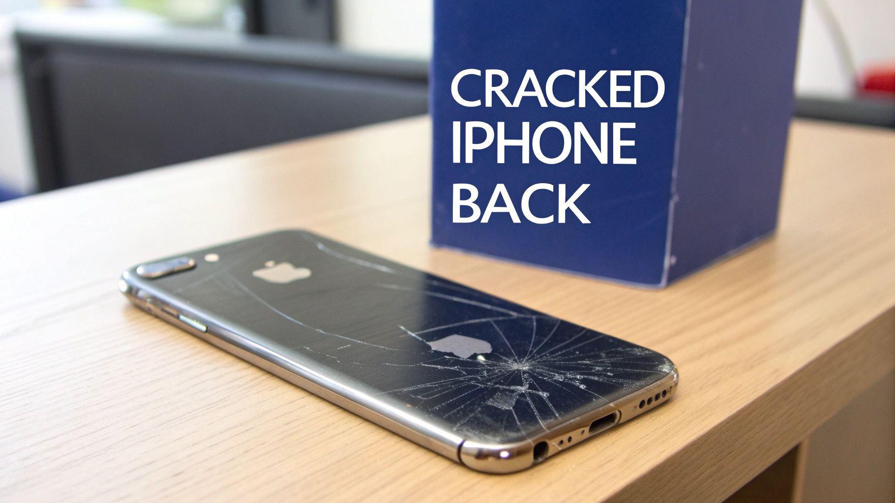 A black iPhone with a shattered glass back lying on a wooden desk, next to a blue sign stating "CRACKED IPHONE BACK".