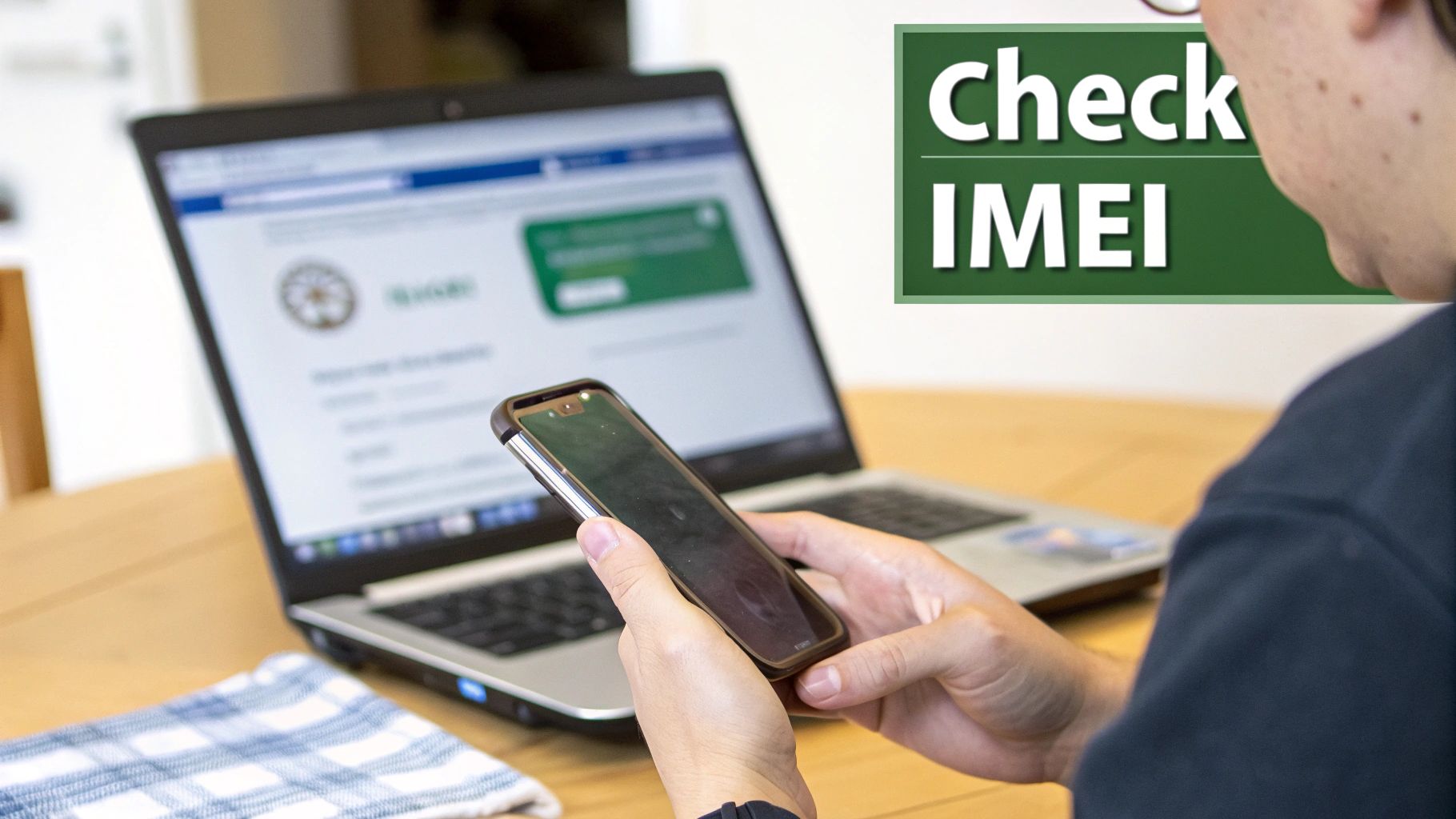 A person holds a smartphone, looking at a laptop screen with an 'Check IMEI' overlay.