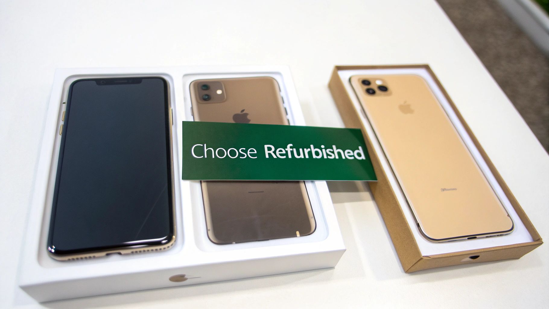A refurbished phone is shown next to its box, looking clean and new.