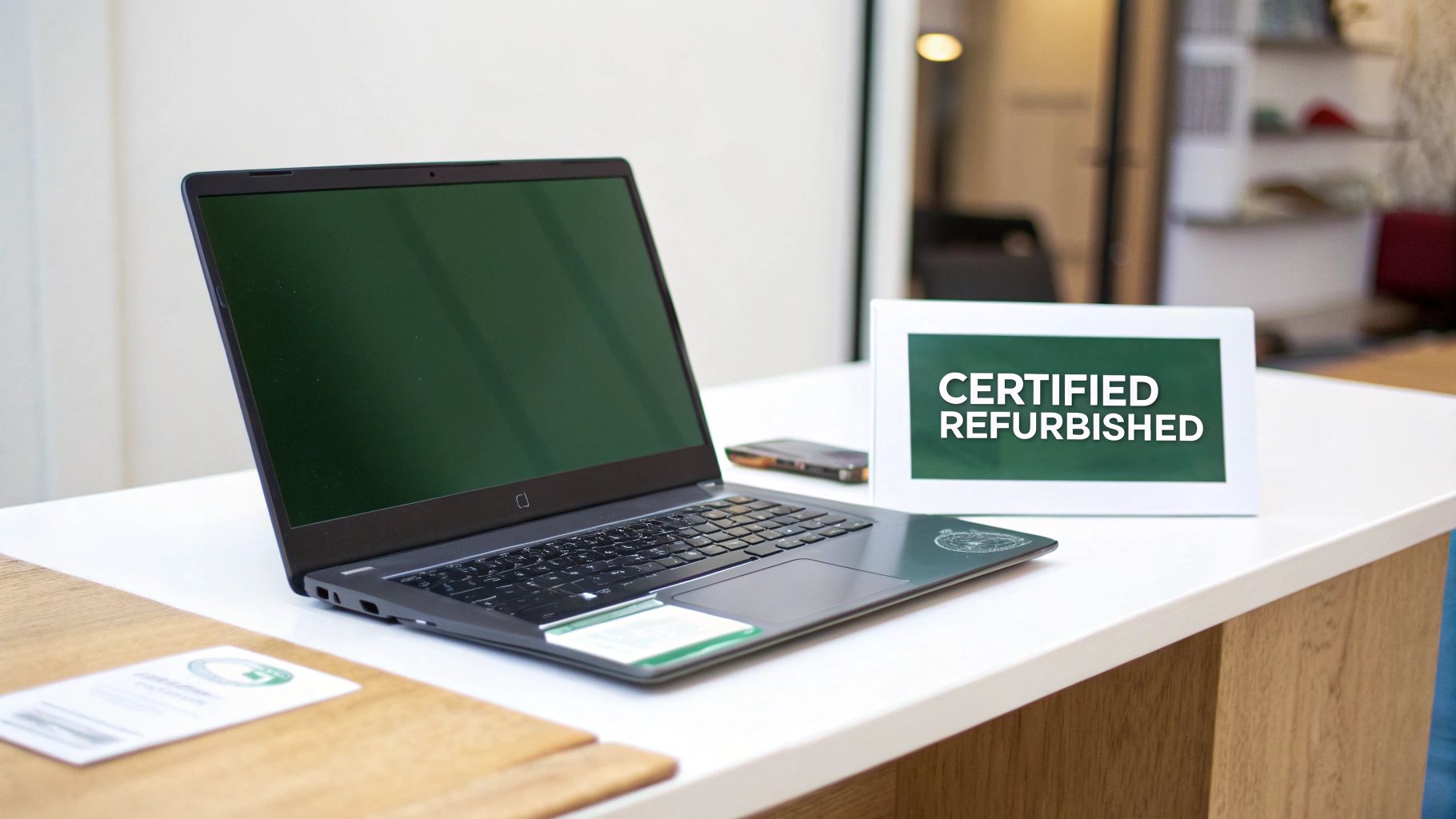 A black laptop with a green screen and a 'CERTIFIED REFURBISHED' sign on a white desk.