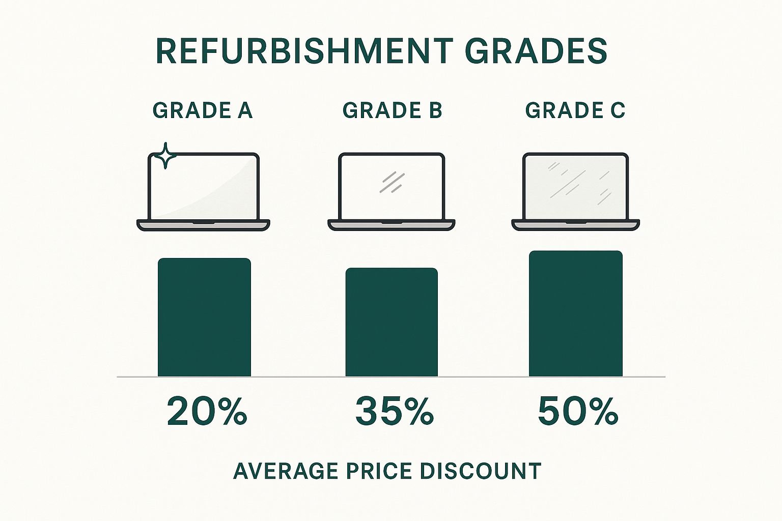 Infographic comparing refurbished laptop grades A, B, and C with average price discounts of 20%, 35%, and 50% respectively.