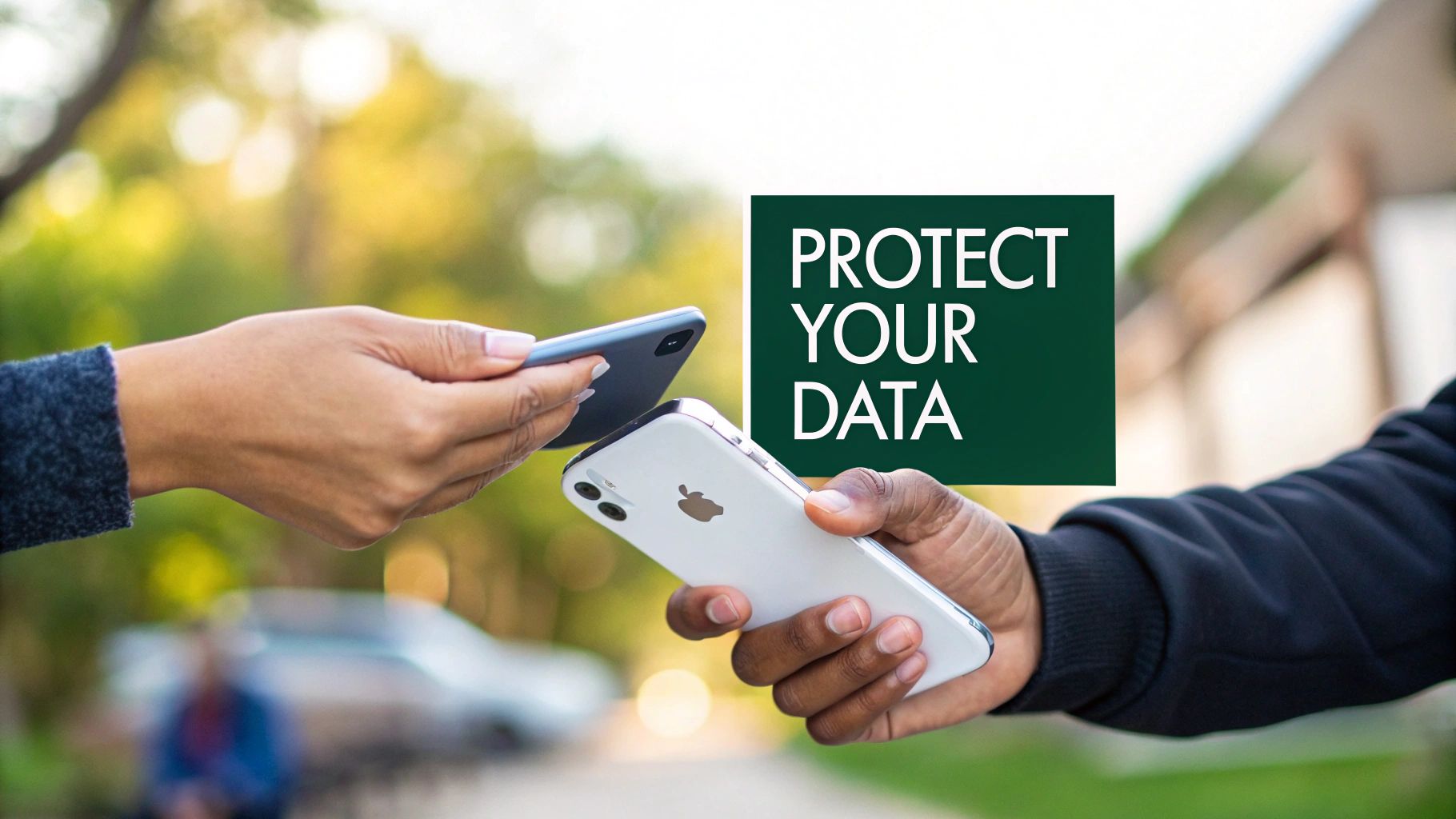 Two hands holding smartphones in close proximity with a 'Protect Your Data' overlay, symbolizing secure data exchange.