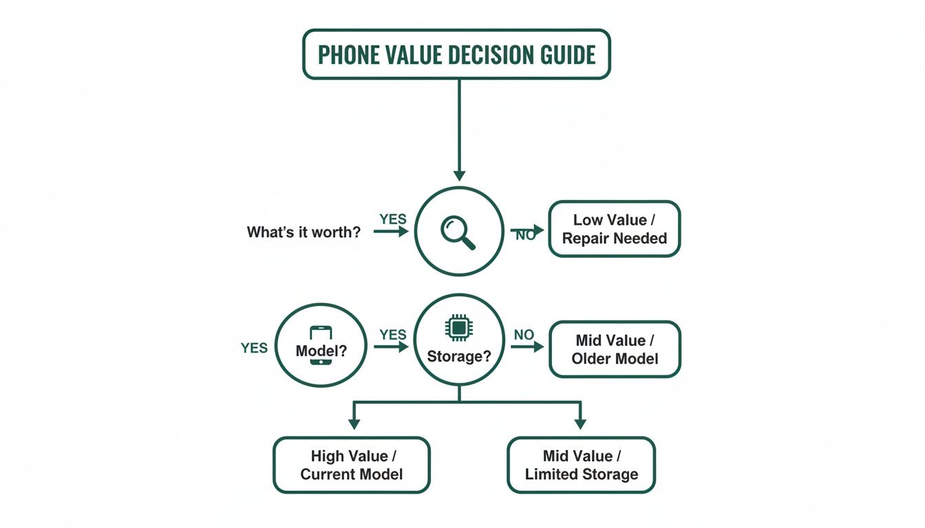 A flowchart titled 'Phone Value Decision Guide' for evaluating a phone's worth, model, and storage.