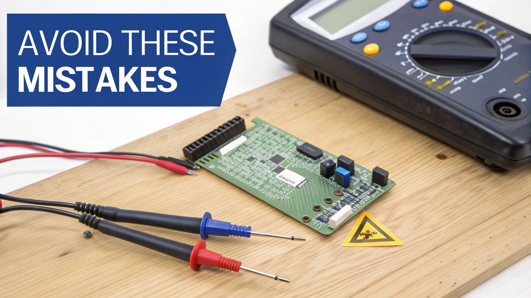 A multimeter, test probes, and a circuit board on wood with a warning sticker.