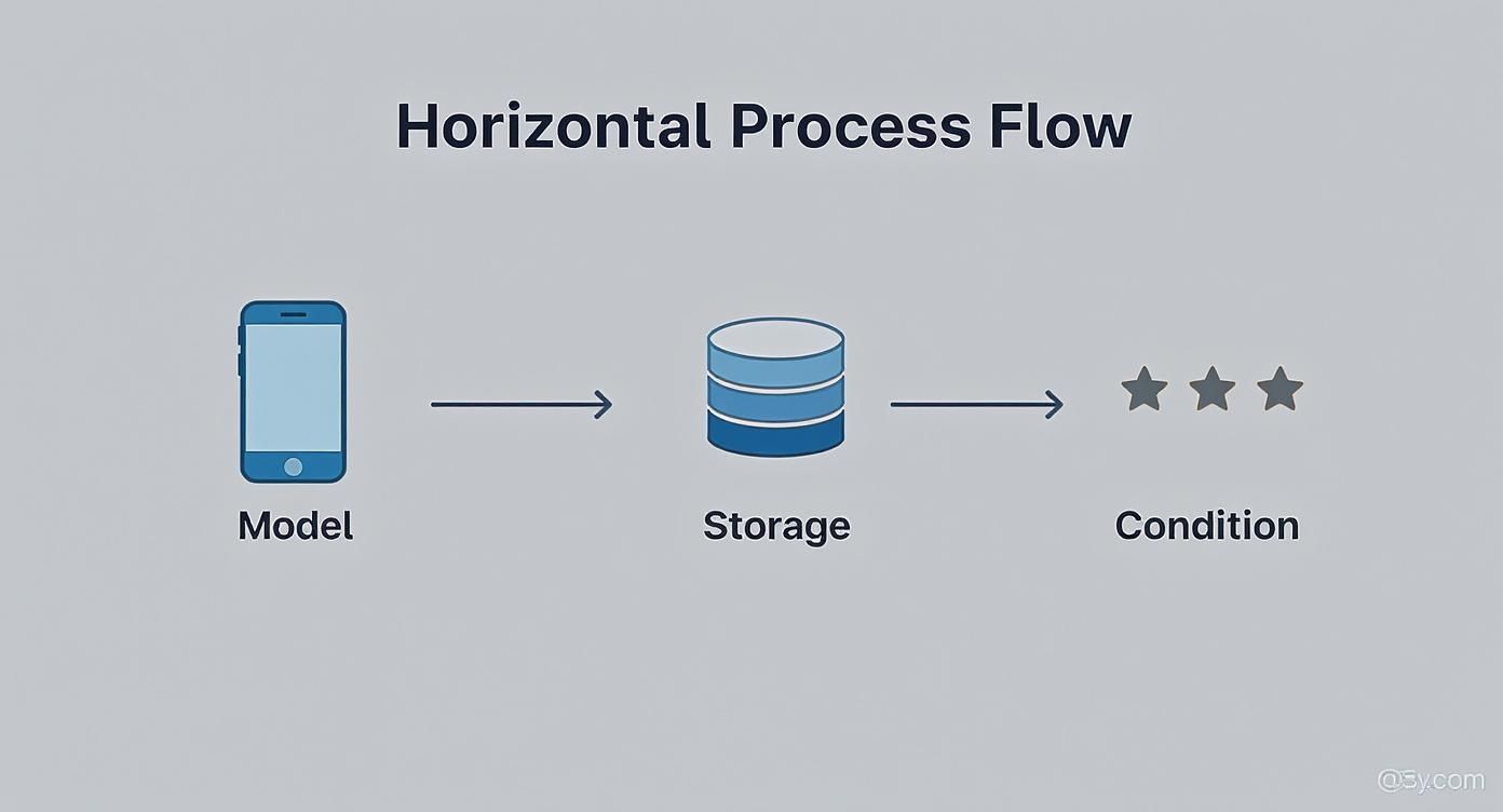 Horizontal process flow diagram showing three stages: Model with mobile phone, Storage with database, and Condition with stars