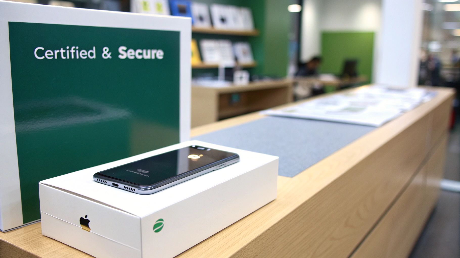 A certified technician carefully inspecting a smartphone on a clean, well-lit workbench.