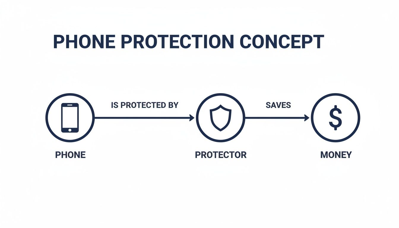 Concept diagram illustrating how phone protection by a protector saves money.