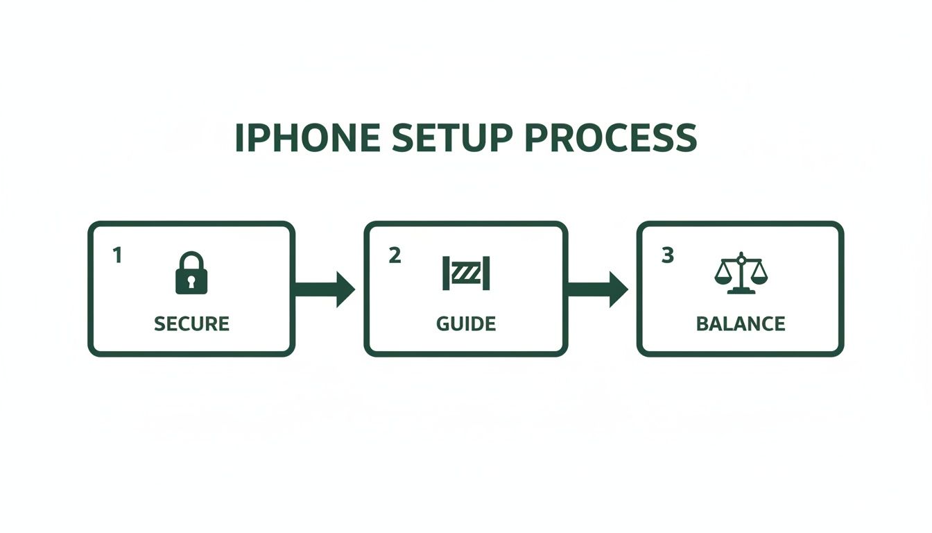 Flowchart illustrating iPhone setup process with steps: Secure, Guide, Balance for parental control.