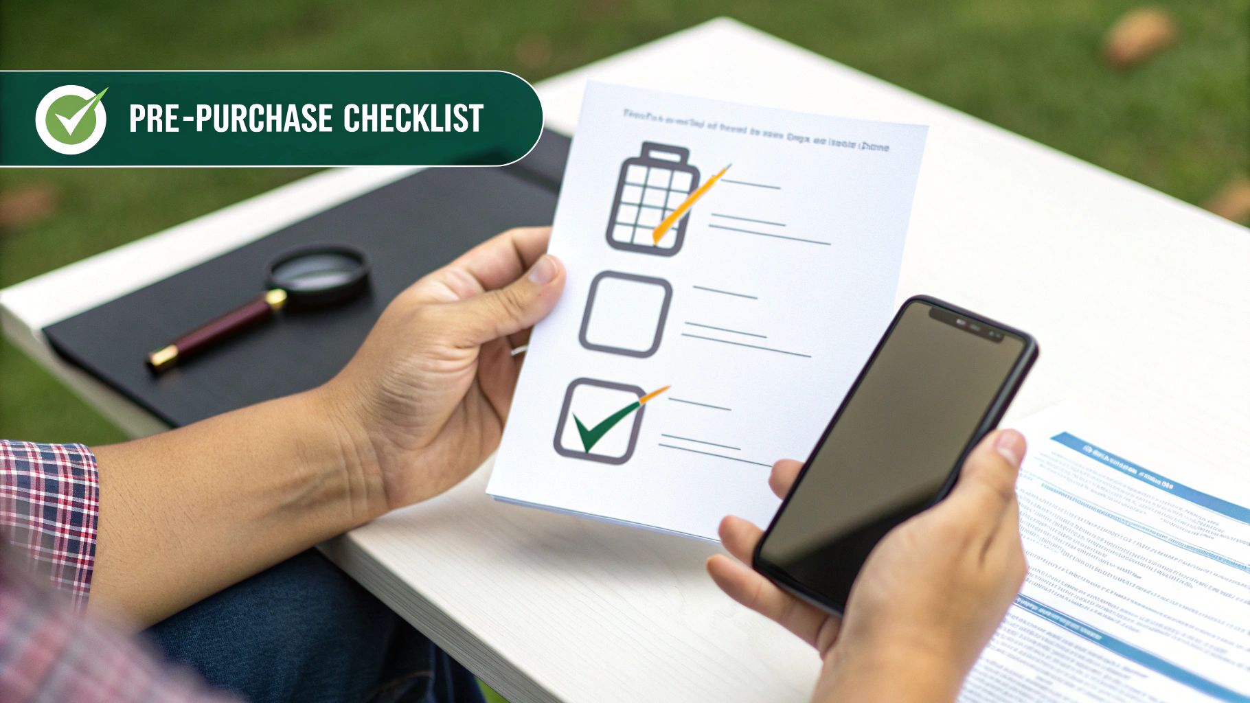 A person holds a 'PRE-PURCHASE CHECKLIST' document and a smartphone, reviewing items.