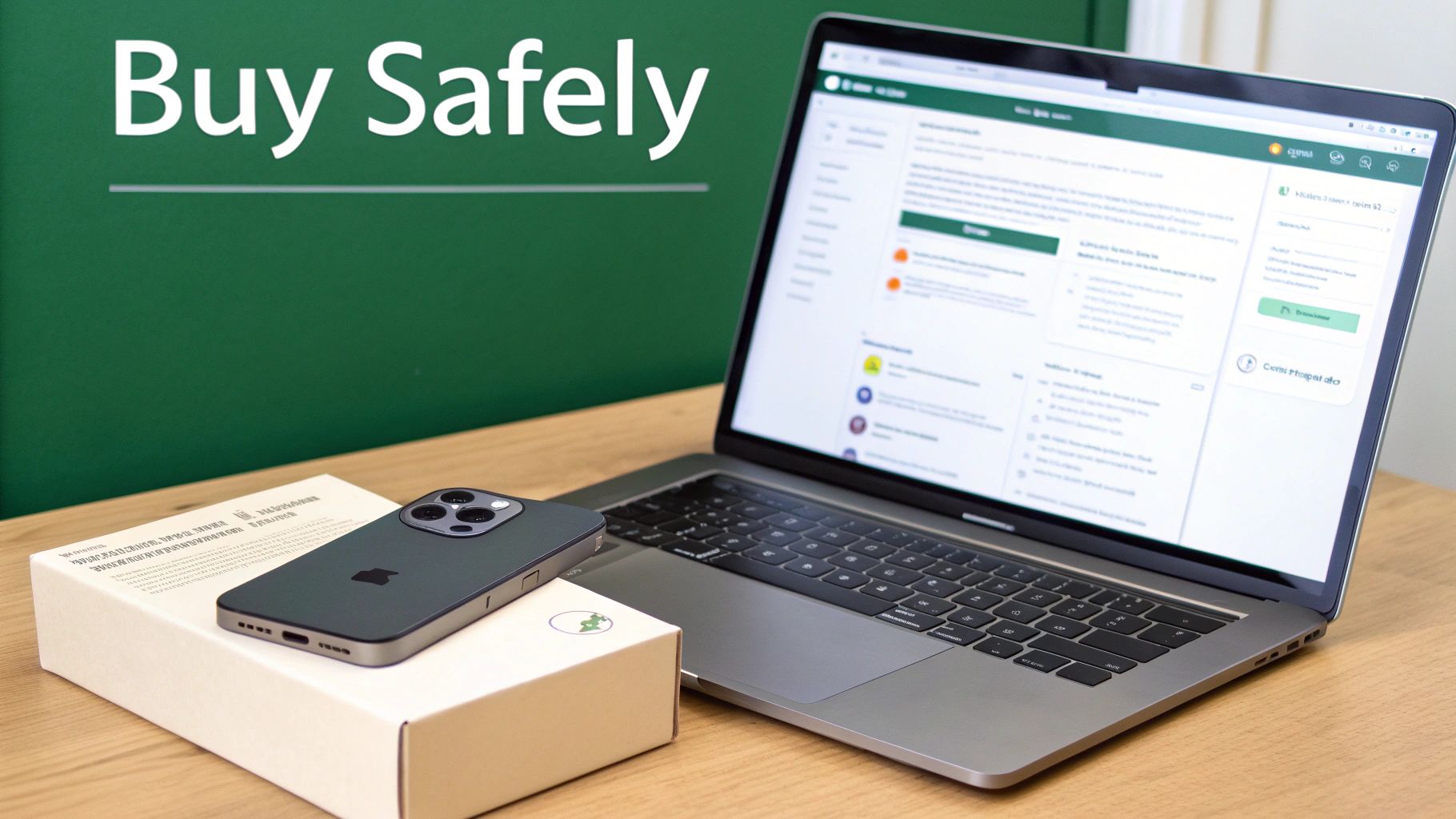 An iPhone on a box next to a laptop displaying a website, with 'Buy Safely' text on a green wall.