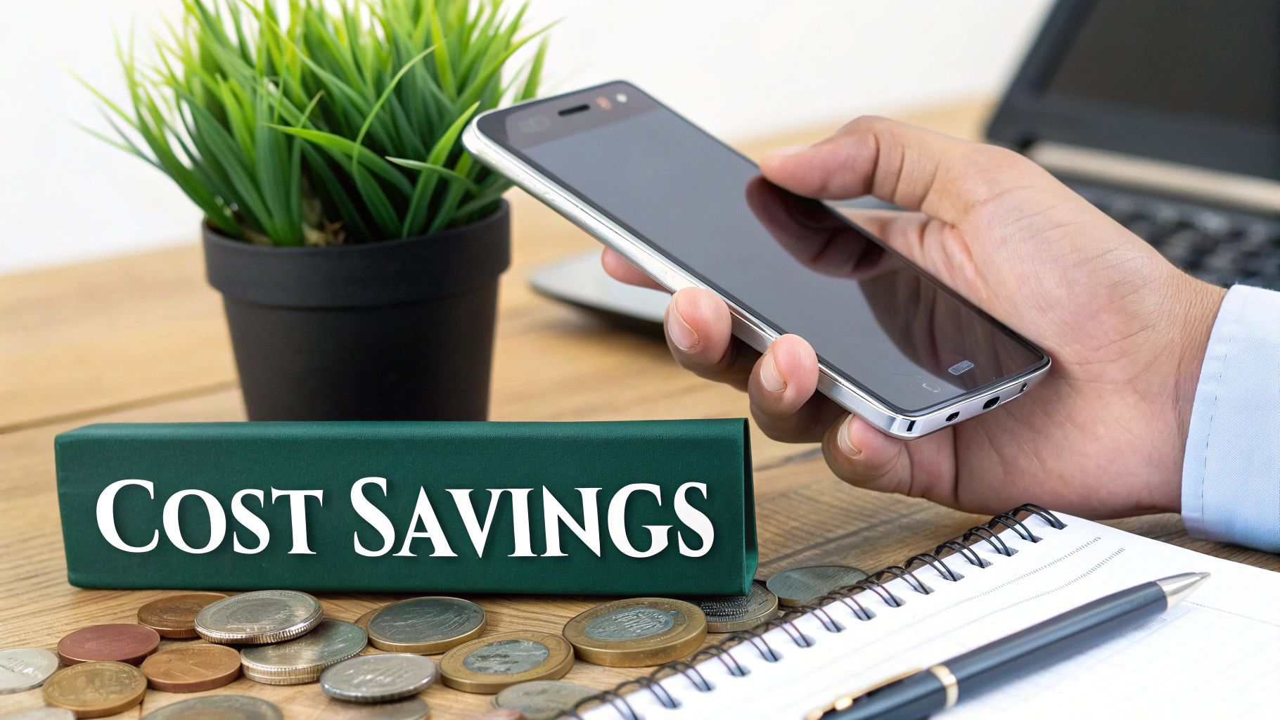 A person holding a refurbished Samsung phone, with icons representing cost savings, environmental benefits, and a quality guarantee.