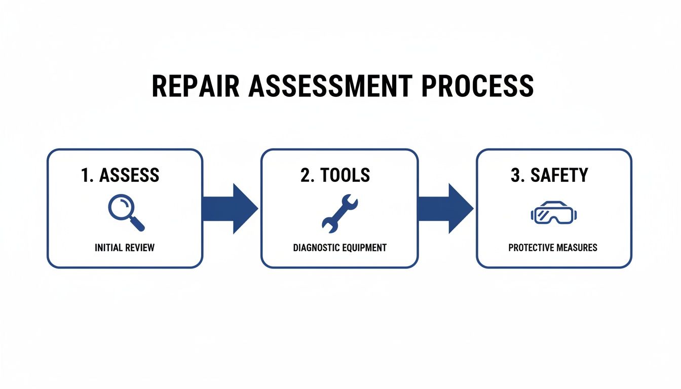 A flowchart showing the three steps of a repair assessment process: Assess, Tools, and Safety.