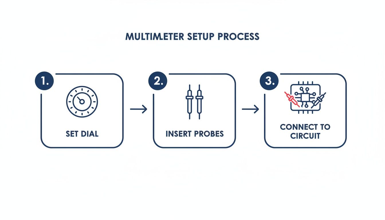 A three-step infographic illustrating the multimeter setup process: setting the dial, inserting probes, and connecting to a circuit.