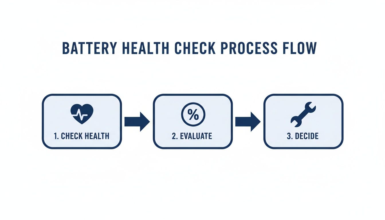 A three-step process flow diagram illustrating battery health check: Check Health, Evaluate, and Decide.