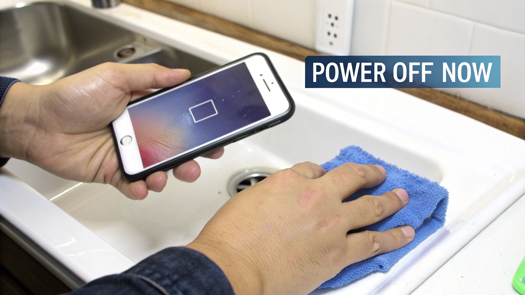 iPhone being carefully dried with a microfibre cloth.