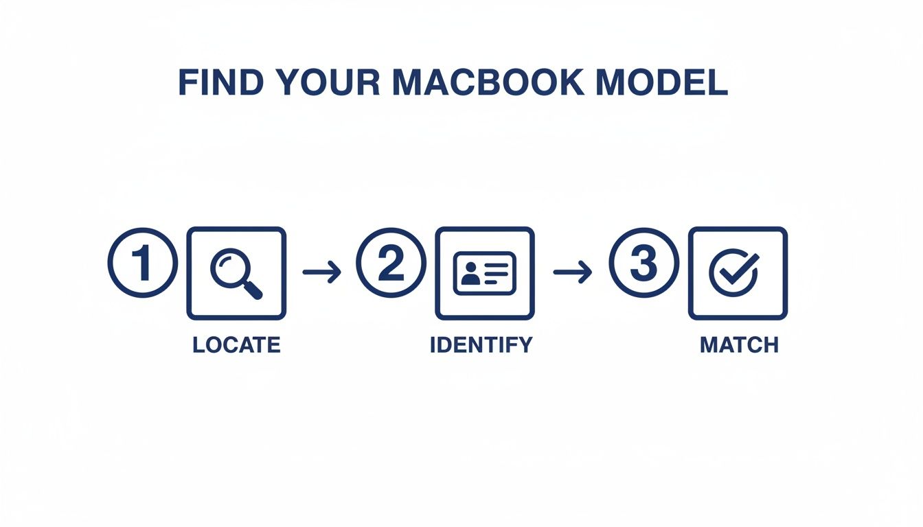 A three-step process diagram to find your MacBook model: locate, identify, and match.