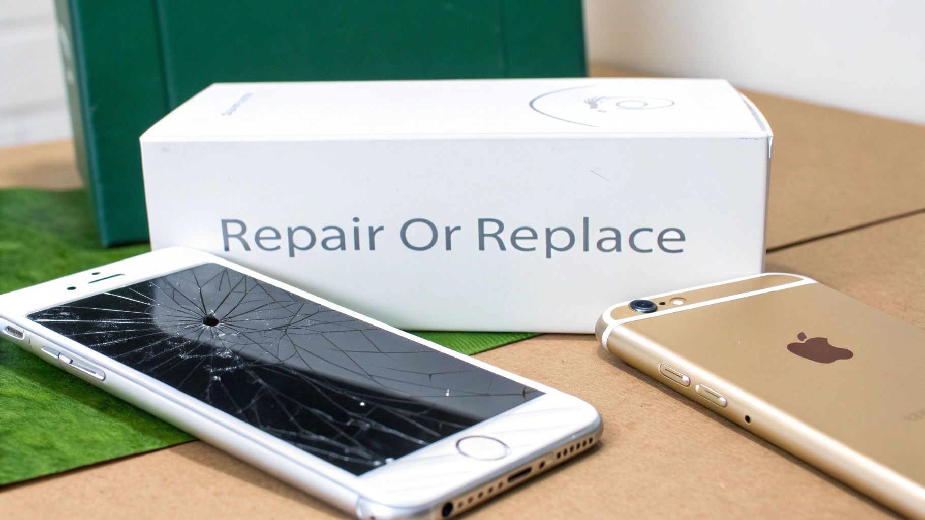 A cracked white iPhone lies next to a gold iPhone, with a white box labeled 'Repair Or Replace' in the background.