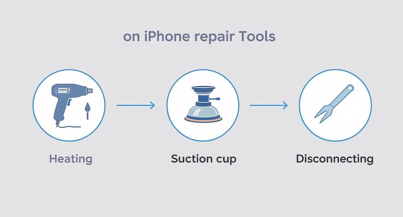 Three iPhone repair tools showing heating gun, suction cup, and disconnecting spudger in sequential workflow diagram