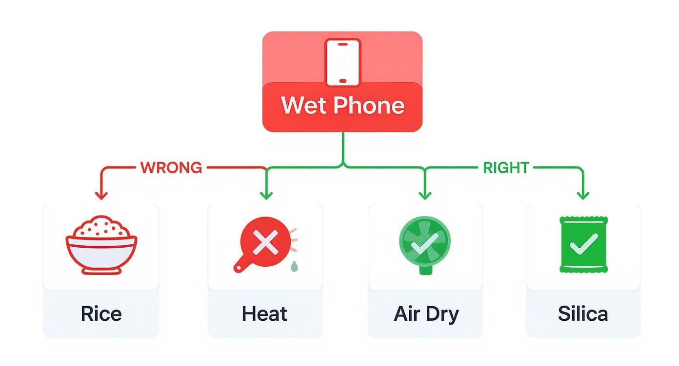 Infographic showing do's and don'ts for fixing a water damaged phone.
