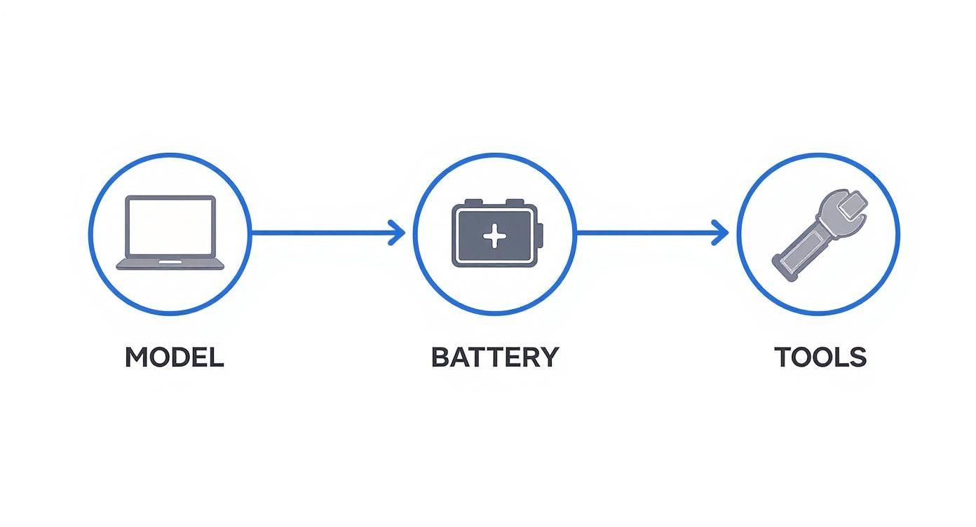 Three-step workflow diagram showing laptop model, battery replacement, and tools needed for MacBook Air repair
