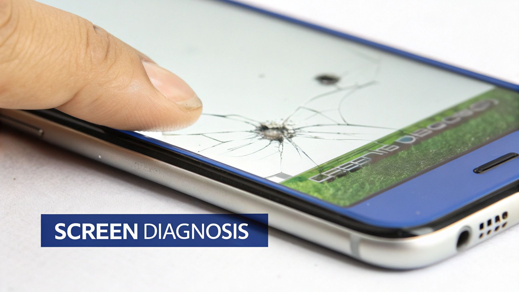 A close-up of a finger touching a smartphone with a severely cracked screen, highlighting phone damage.