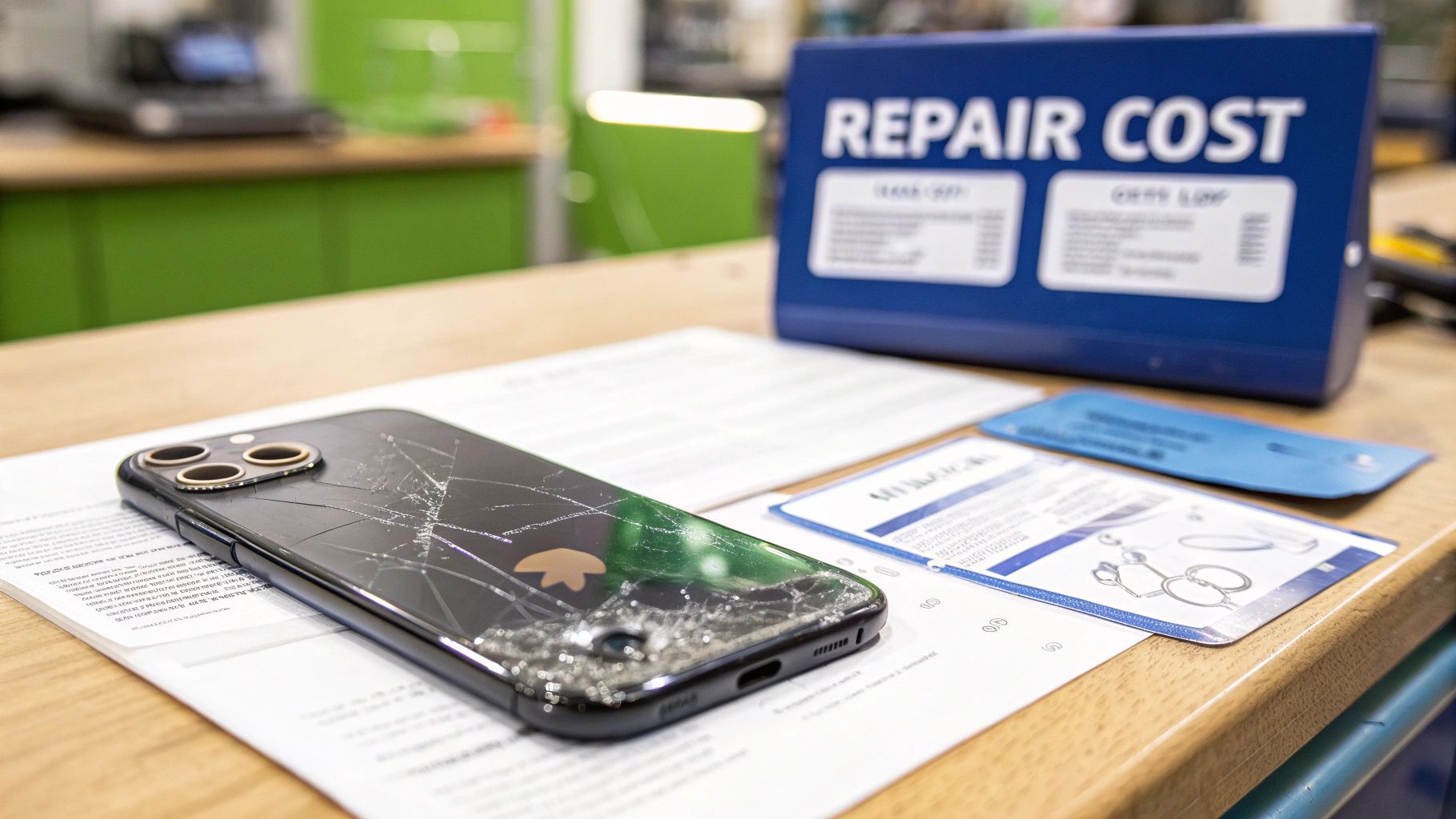 A severely cracked black iPhone with triple cameras rests on documents, near a 'Repair Cost' sign, on a wooden table.