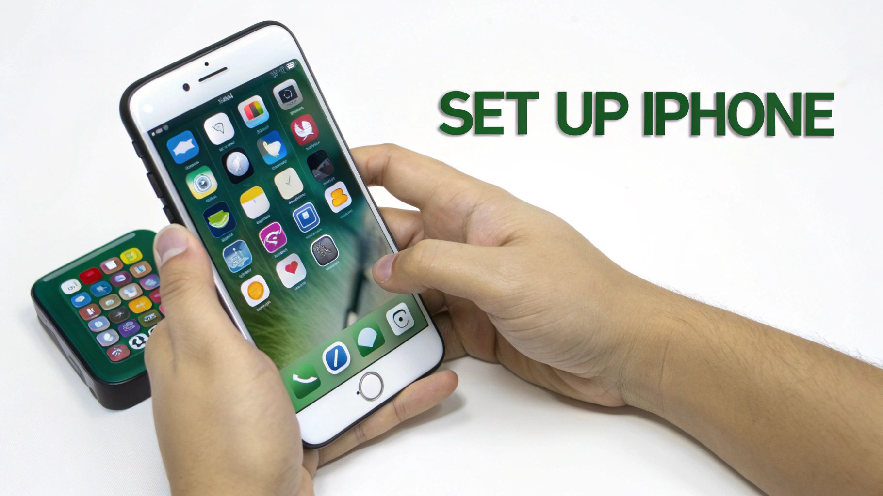 A person's hands holding a white iPhone displaying app icons, with 'SET UP IPHONE' text.