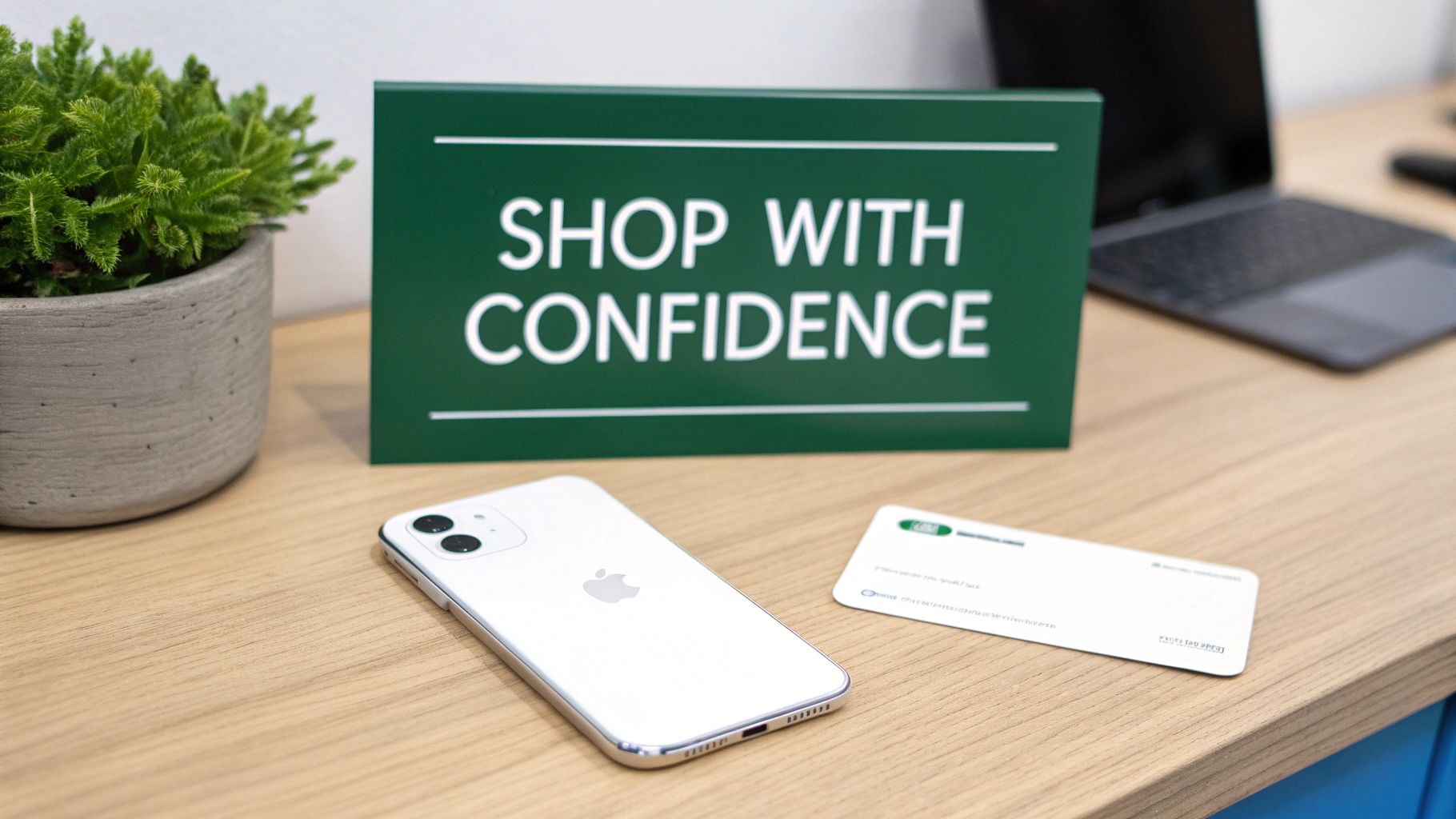 A white iPhone and a card on a wooden desk with a 'SHOP WITH CONFIDENCE' sign.