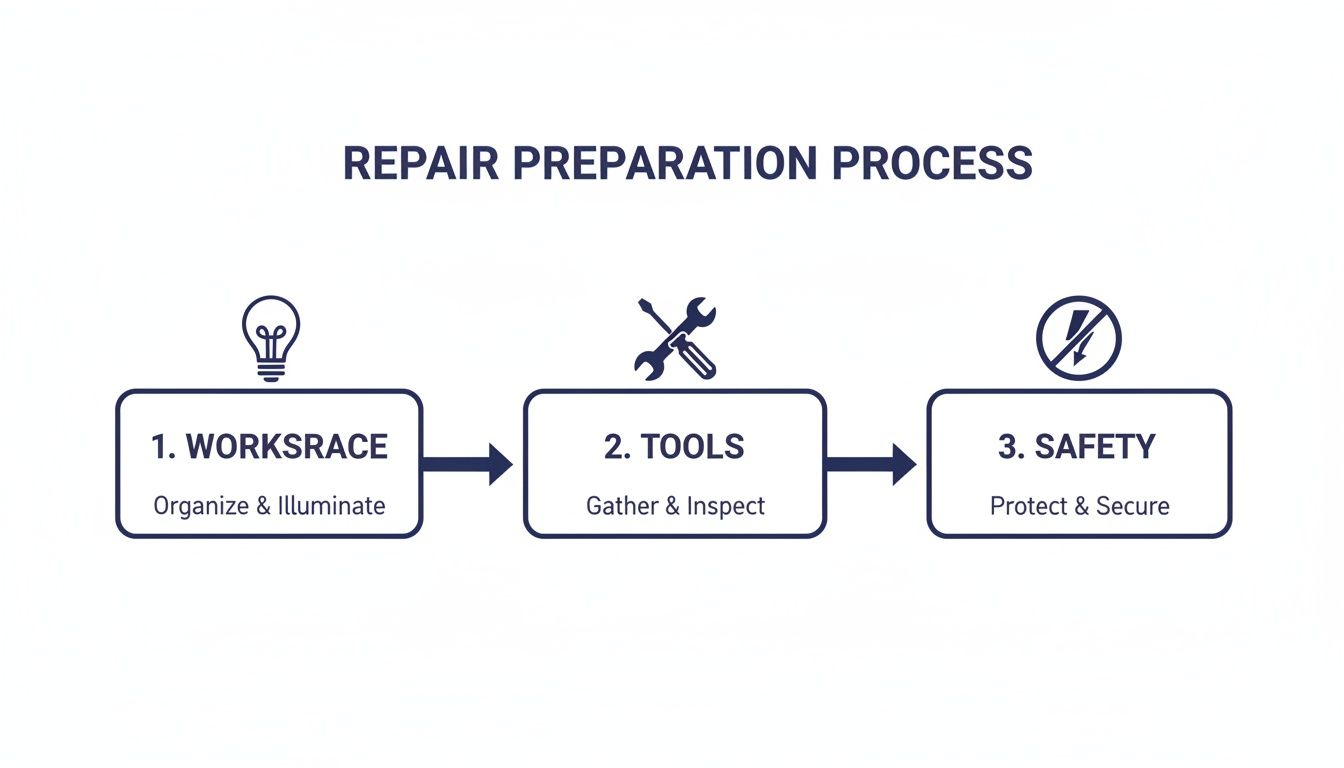 Flowchart detailing the three essential steps of a repair preparation process: workspace, tools, and safety.