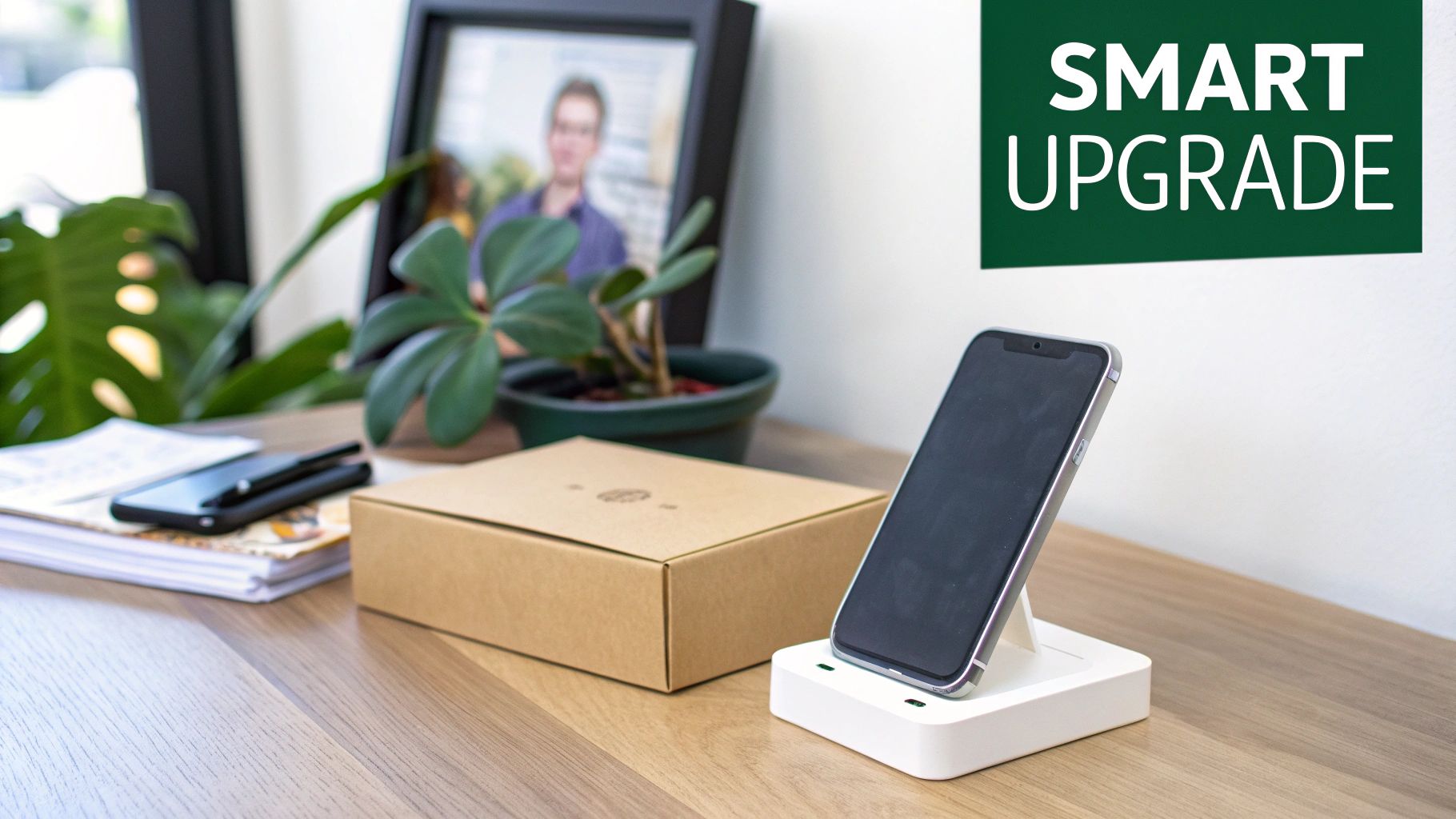 A smartphone on a white wireless charging dock next to a plain brown box on a wooden desk.