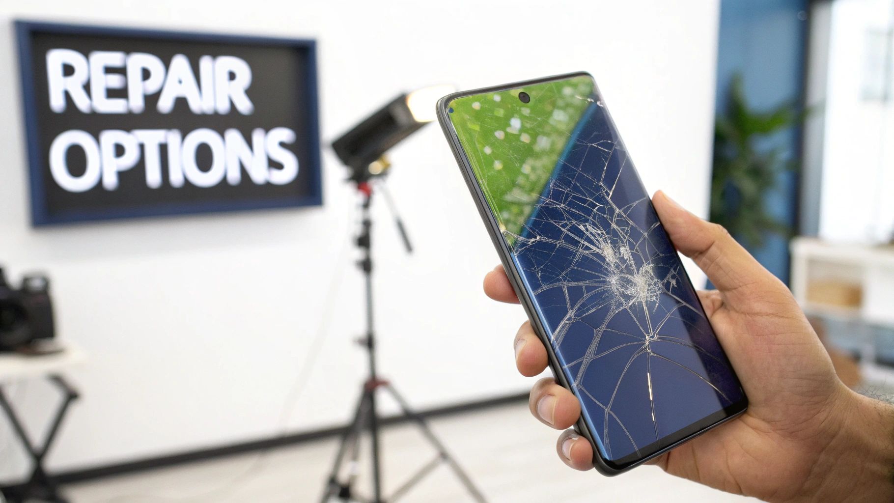 A person holds a smartphone with a badly cracked screen in front of a 'REPAIR OPTIONS' sign.