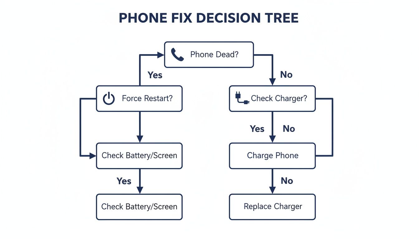 A flowchart titled 'Phone Fix Decision Tree' guiding users through troubleshooting steps for a dead or non-responsive phone.