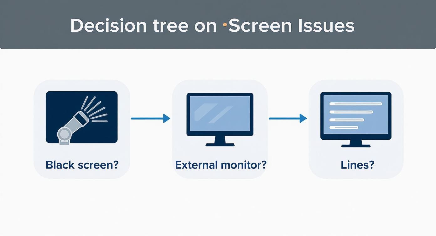A decision tree flowchart for troubleshooting computer screen issues, illustrating steps for black screen, external monitor, and lines.