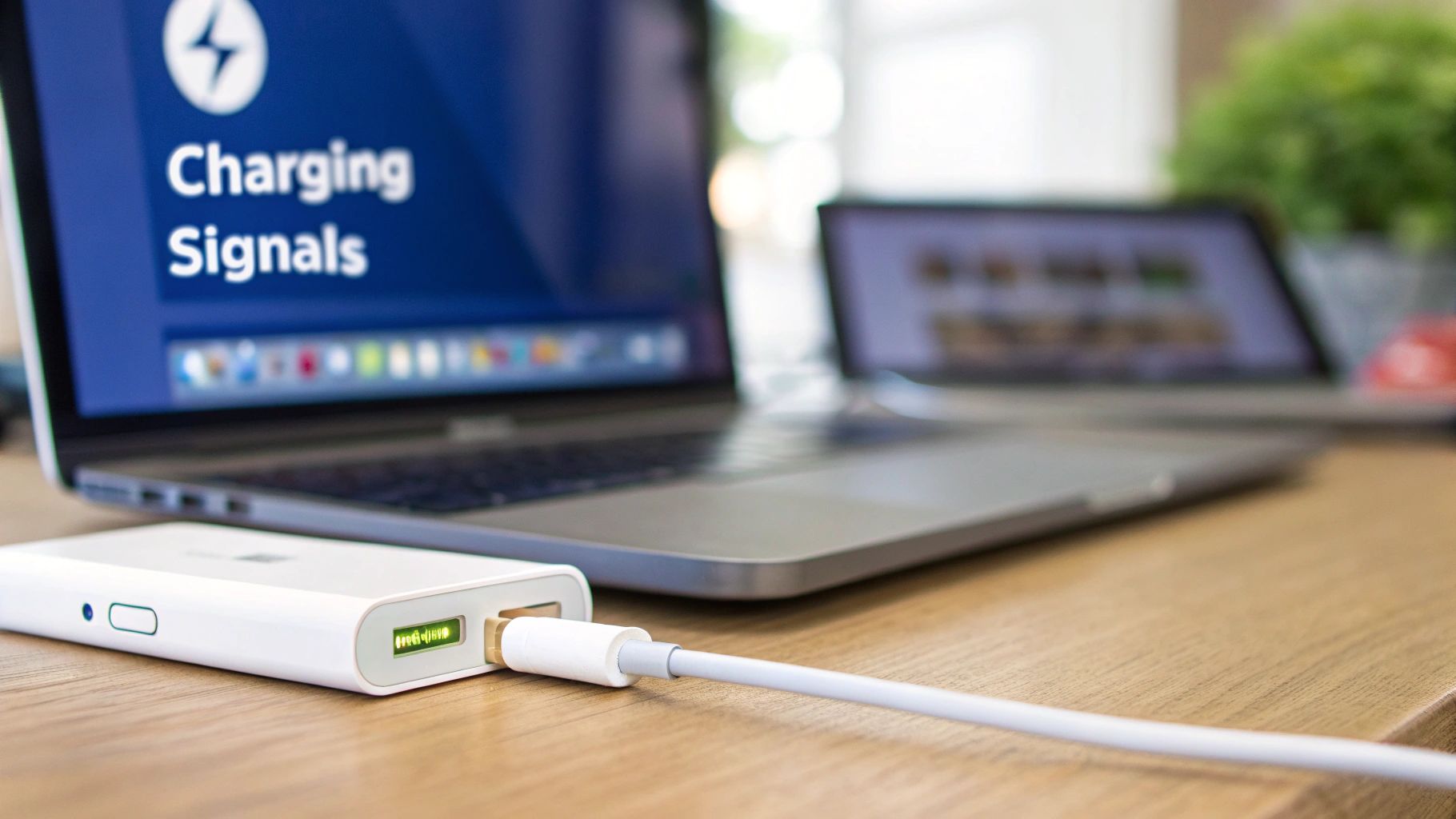 A white power bank with green indicator light charging a device on a wooden desk, with a laptop displaying 'Charging Signals'.