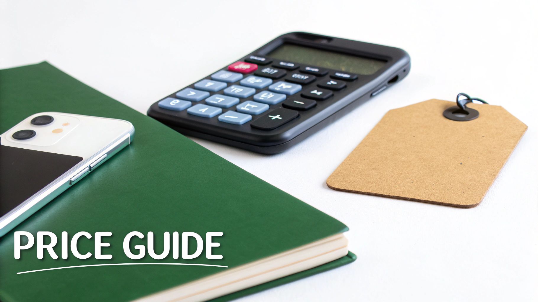 A calculator, smartphone, and green notebook with a brown price tag, illustrating a price guide concept.