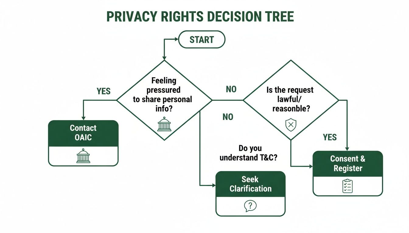 Flowchart detailing a privacy rights decision tree for sharing personal information requests.