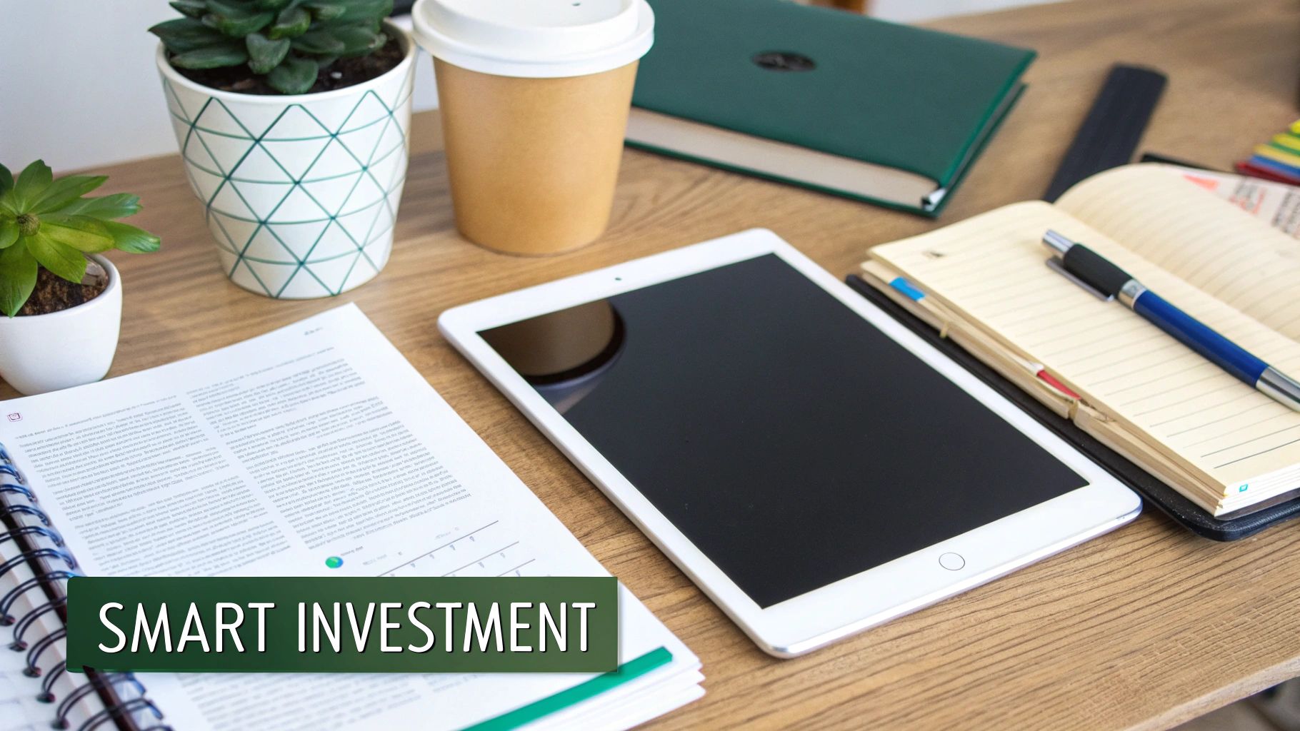 A modern workspace with a tablet, notebook, pen, coffee, and plants on a wooden desk.